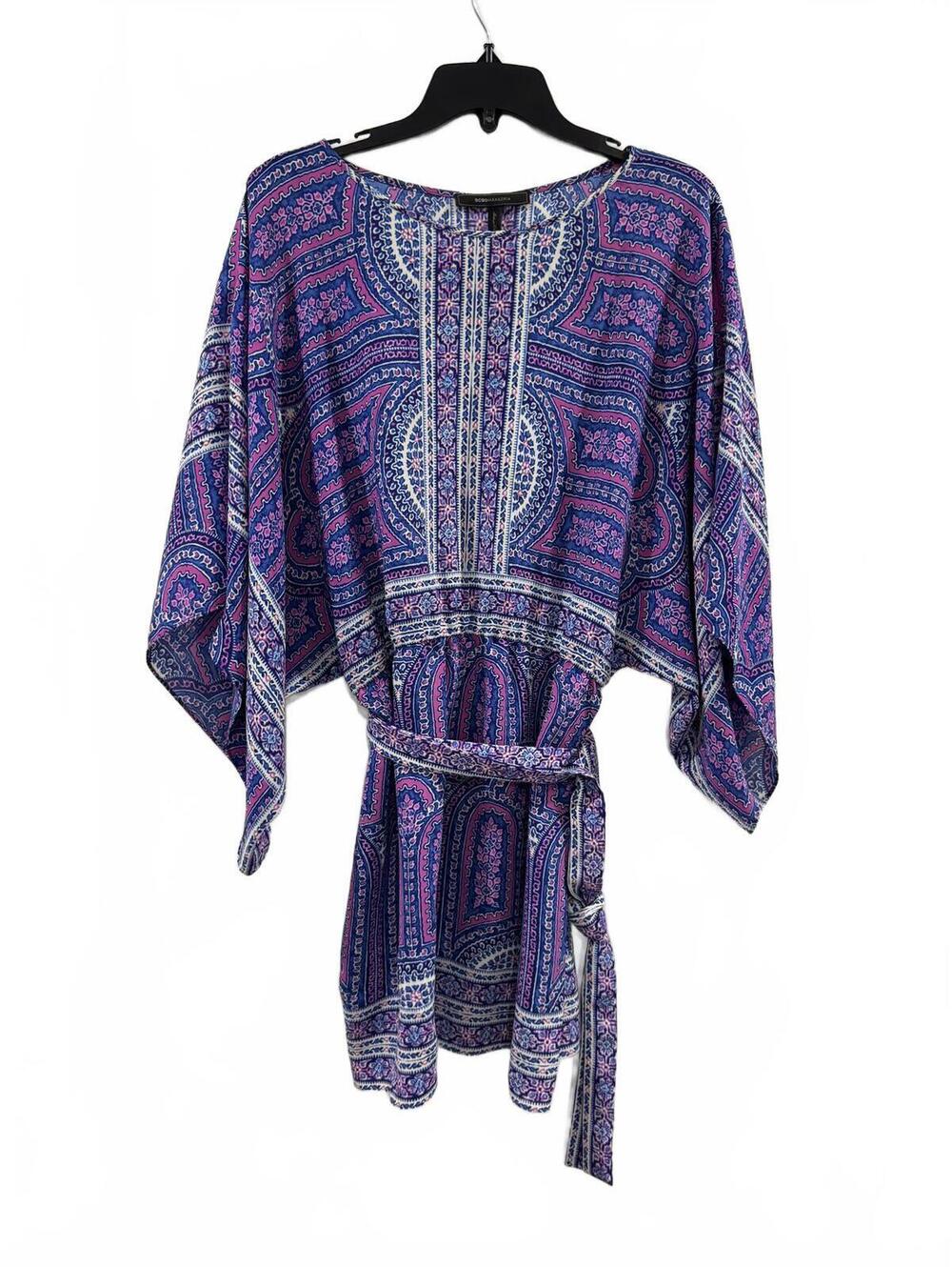 BCBGMAXAZRIA Paisley Kimono Mini Dress Tunic Blue Purple Boho Size Medium
